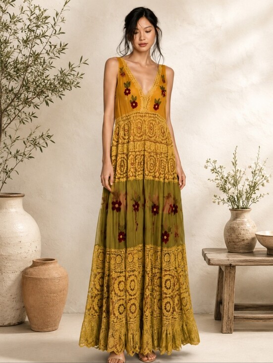 Kripa Dresses & Skirts - Boho Lace Embroidered Maxi Dress Vintage Inspired Crochet Boutique
